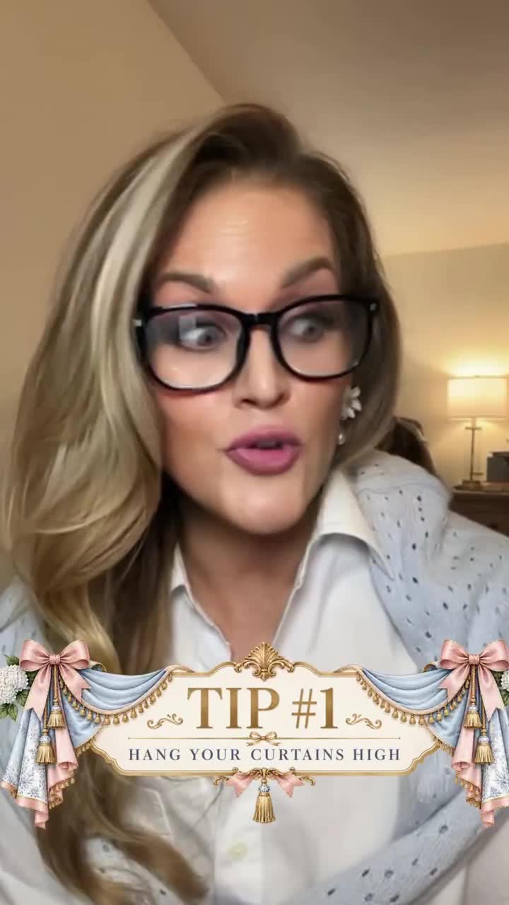 On-screen card: Tip #1 — Hang your curtains high. Savannah mid-advice.