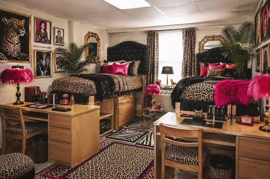 Cheetah-Print Contessa dorm: leopard bedding, pink feather lamps, gold-framed cheetah portrait, palm fronds, layered animal-print rugs.