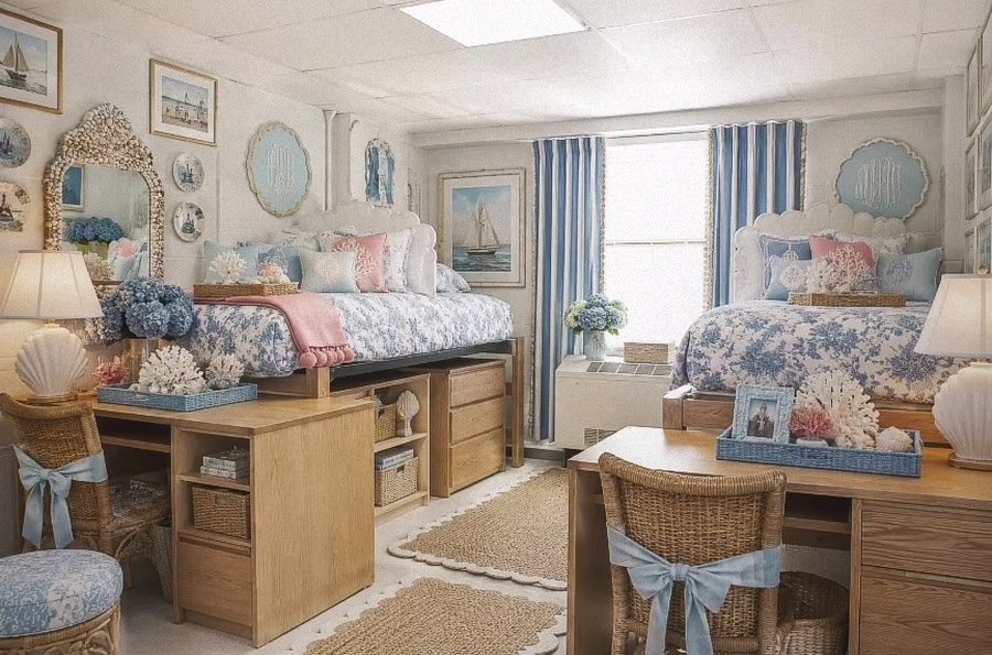 Coastal Heiress dorm: lofted twin beds, blue-and-white toile, striped curtains, shell lamps, hydrangeas, scalloped monograms.
