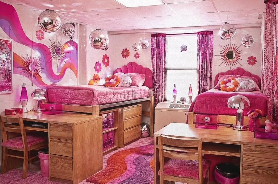 Disco Debutante dorm: hot-pink quilts, scalloped headboards, disco balls, lava lamps, sequin curtains, sunburst mirrors.