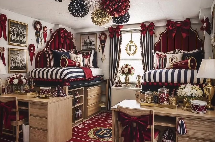 Patriot Princess dorm: burgundy bow headboards, navy-and-white stripes, football-field rug, gold crests, pom-poms from the ceiling.