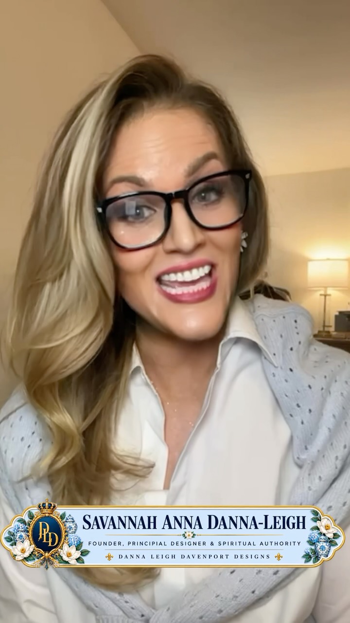 Savannah Anna Danna-Leigh, blonde, black glasses, white collared shirt and powder-blue sweater over the shoulders. Lower third: Danna Leigh Davenport Designs.